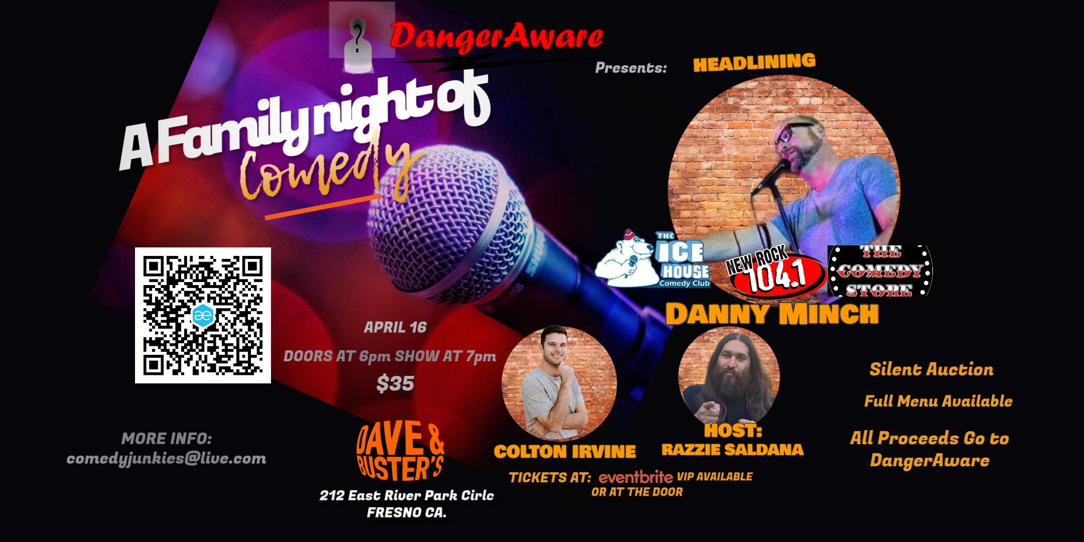 Poster inviting people to Dave and Busters in Fresno Ca for a night of comedy at 7:00 pm on April 16, 2026